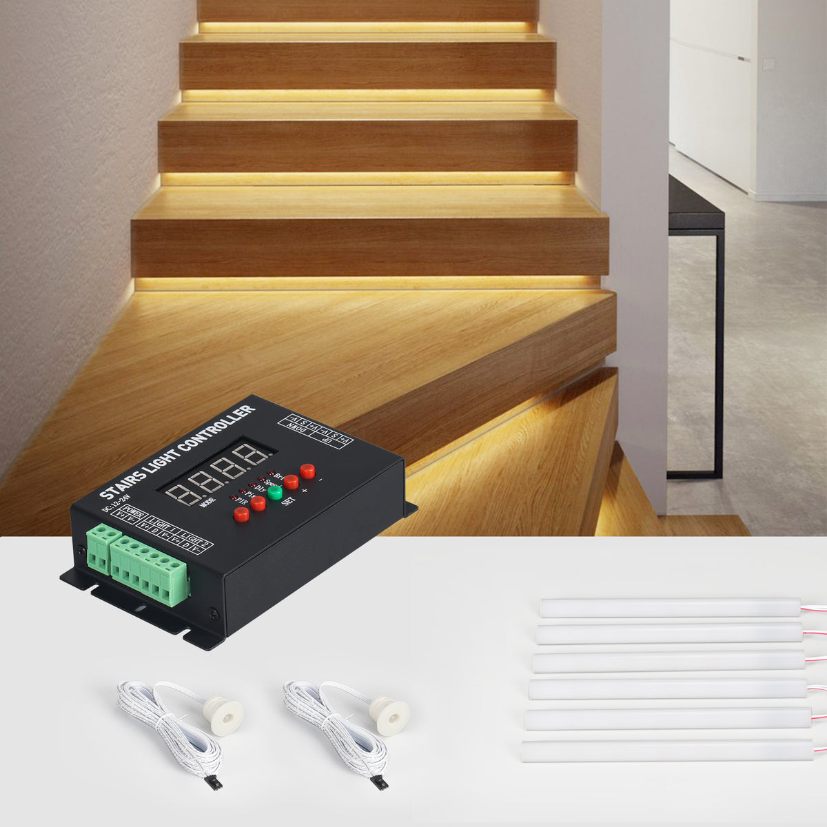 16-Step Staircase Lighting Controller With PIR Motion Sensors – Auto On/Off, Adjustable Brightness (10%-100%), Delay Time (5s-30min), DC 12V-24V, For LED Stair Lights